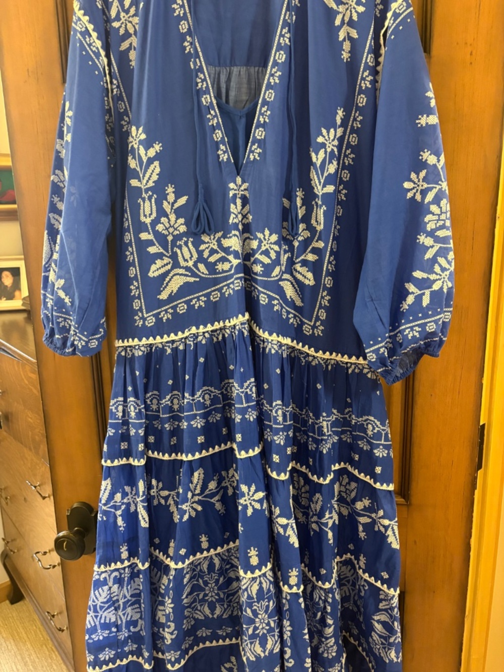 FARM Rio Blue Tropical Cross Stitch Tiered Maxi Dress Medium - Picture 8 of 11
